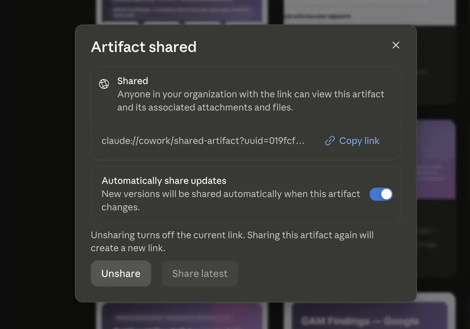 The Artifact shared dialog showing the claude:// link, Copy link, the Automatically share updates toggle switched on, and Unshare and Share latest buttons