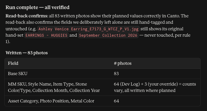 Claude reporting that the run is complete and all values were verified by reading them back from Canto.
